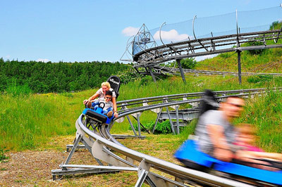 Menschen fahren auf einer alpinen Achterbahn aus Metall durch eine grasbewachsene Gegend, mit Bäumen und blauem Himmel im Hintergrund. Einige Fahrgäste erscheinen durch die Bewegung verschwommen.